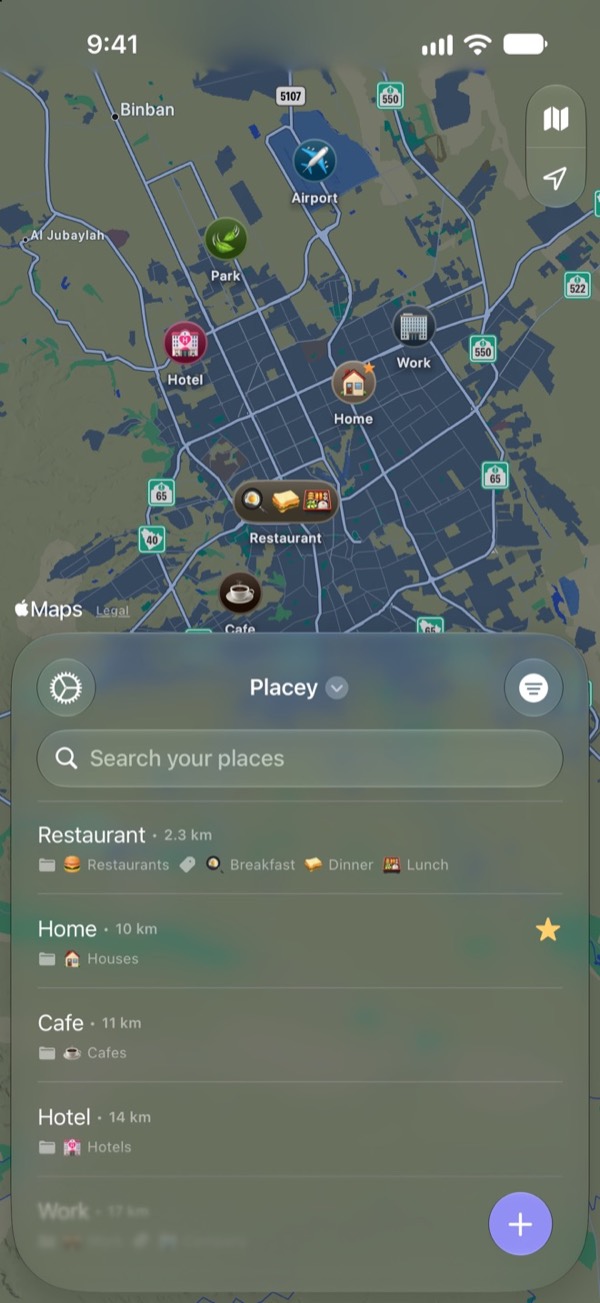 Placey in dark mode with a dark map