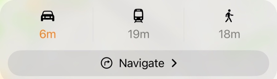 Travel times: 6 minutes by car, 19 by transit, 18 on foot, with a Navigate button