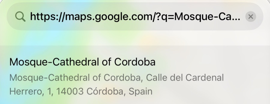 A pasted maps.google.com link resolved to Mosque-Cathedral of Cordoba, Calle del Cardenal Herrero 1, Córdoba, Spain