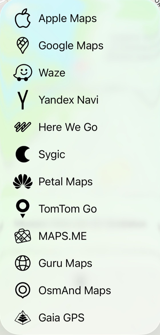 Menu listing Apple Maps, Google Maps, Waze, Yandex Navi and more