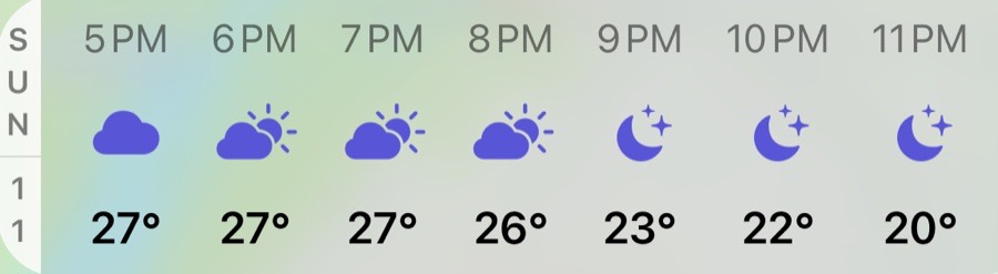 Hourly forecast from 5 PM to 11 PM